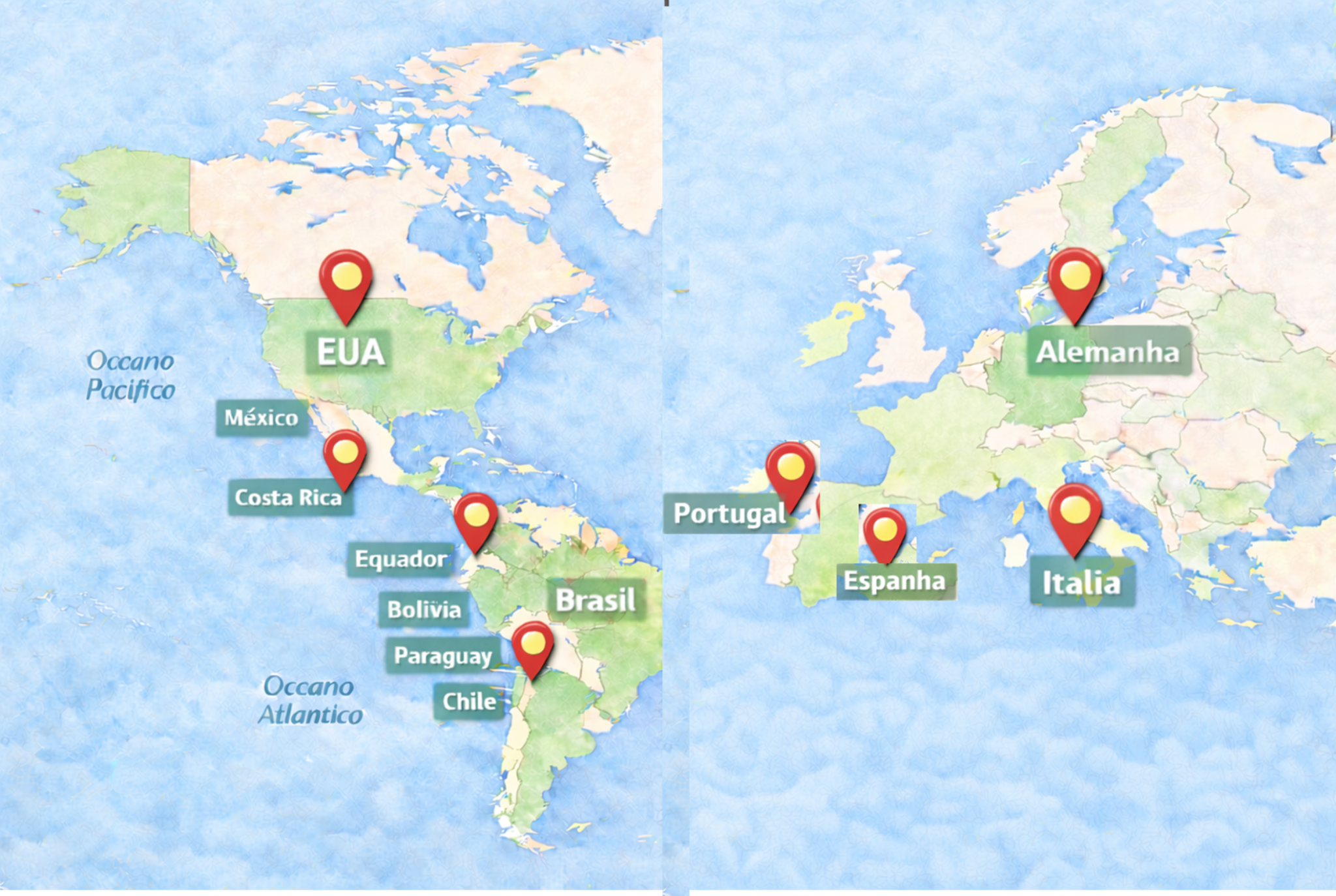 Mapa do mundo com países onde o Forta está presente